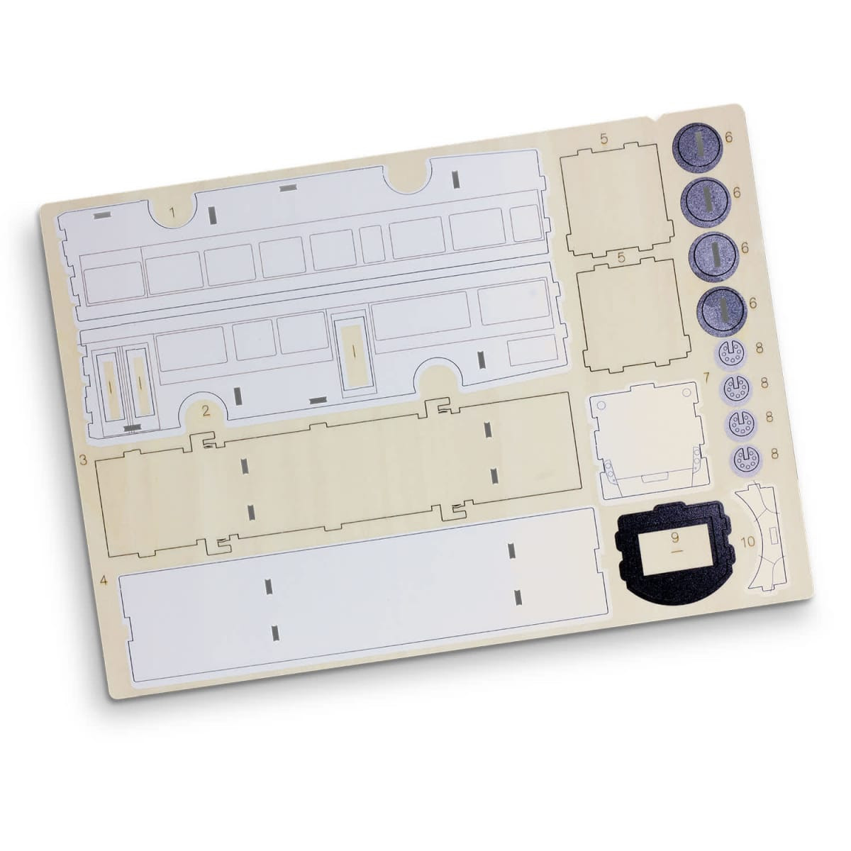 A wooden model kit featuring parts for assembling a bus, with a light wood finish and pre-cut sections.